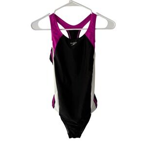 Speedo Girls Swimsuit Size 16 Black Pink White Racerback One Piece Athletic Swim